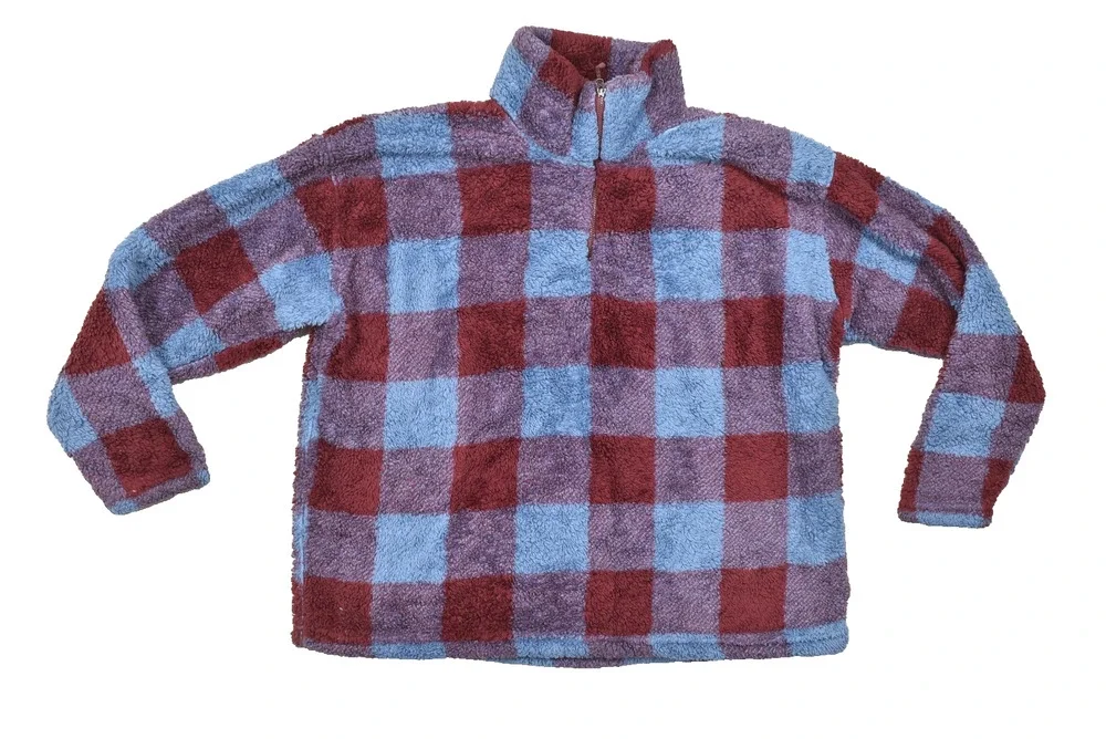 Eddie Bauer Women XXL Fleece Pullover Quarter Zip Plaid Check Blue Maroon Heavyw